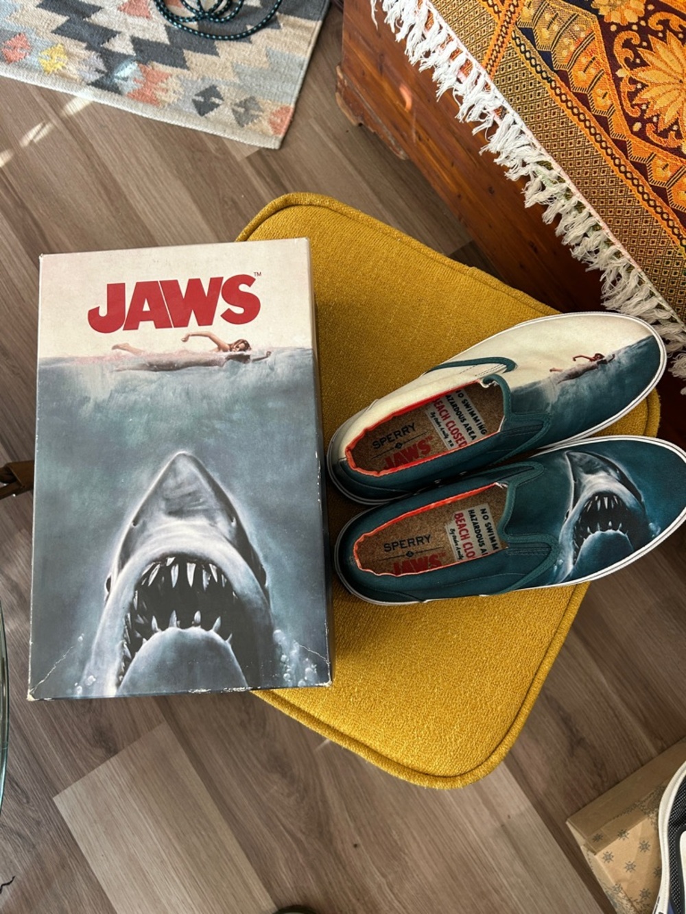 Sperry White and Black Slip-On Sneakers with Shark Graphic